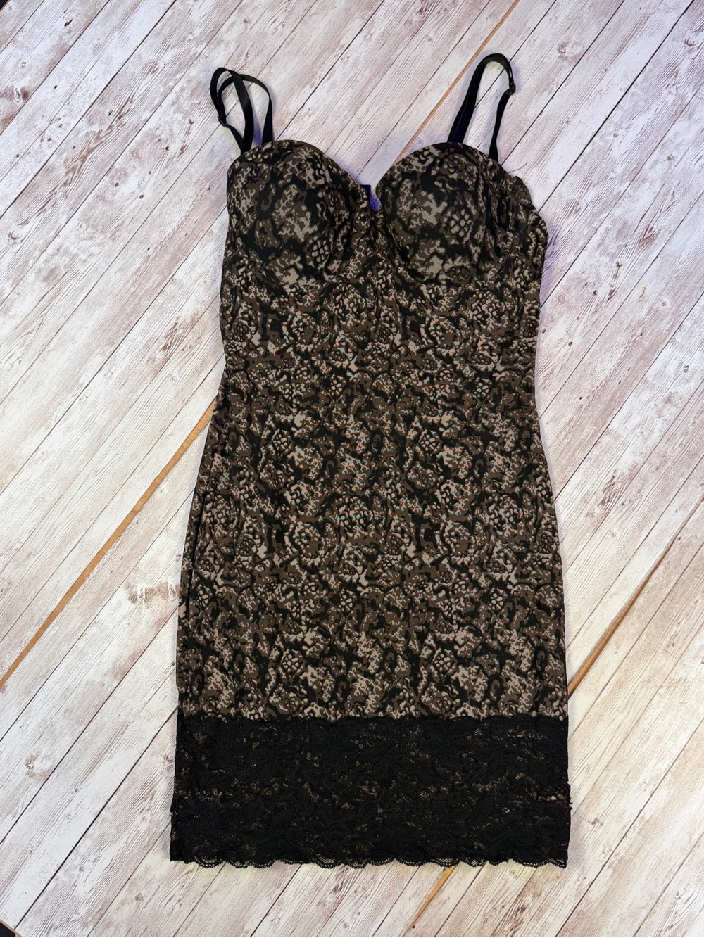 Lace Trim Slip Dress in Black and Taupe
